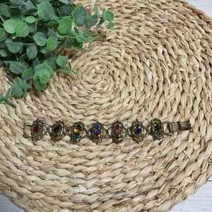 Vintage Rhinestone Wide Panel Link Gold Tone Bracelet